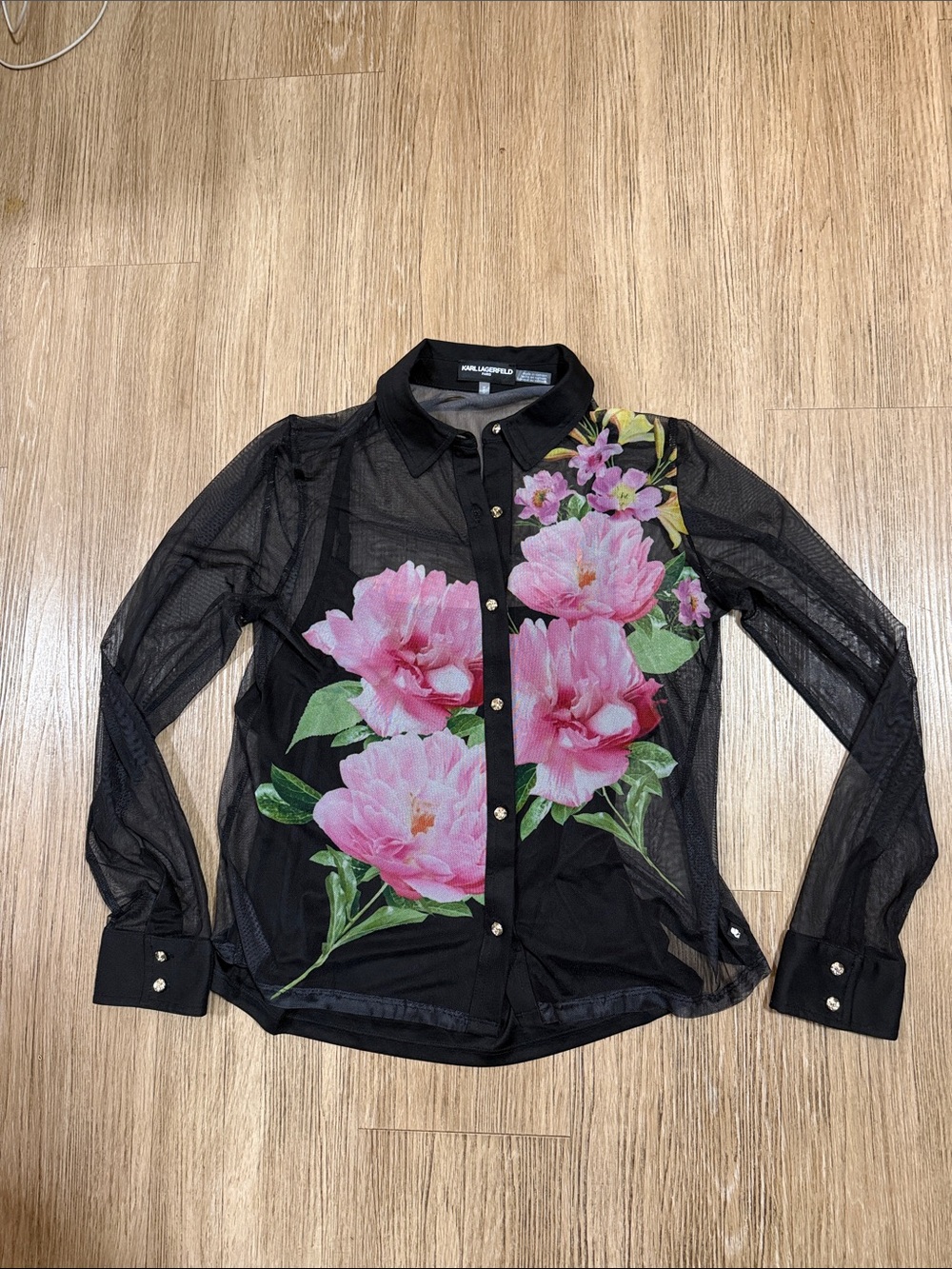 Karl Lagerfeld Black Blouse with Gold Accent Button M